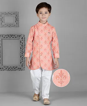 KIDS FARM Full Sleeves Seamless Flower & Damask Motif Printed Kurta With Pyjama - Peach