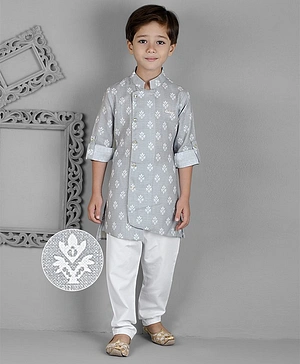 KIDS FARM 100% Cotton Full Sleeves Motif Design Printed Kurta & Pyjama - Grey