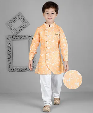 KIDS FARM 100% Cotton Linen Full Sleeves Seamless Leaf Branch Printed Kurta Pyjama Set - Orange