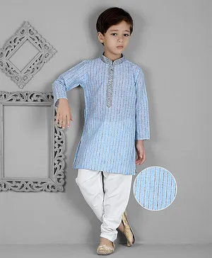 KIDS FARM 100% Cotton Full Sleeves Striped Printed Kurta & Pyjama  -  Blue