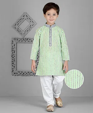 KIDS FARM 100% Cotton Full Sleeves Striped Printed Kurta & Pyjama -  Green