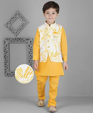 KIDS FARM Full Sleeves Solid Kurta & Pyjama With Abstract Pattern Printed Jacket - Yellow