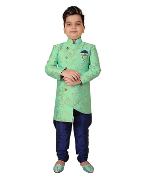 KIDS FARM Pure Silk Full Sleeves Foil Floral Printed Indo Western Set - Green