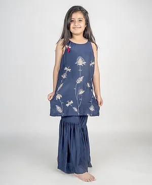 MR.BRAT Sleeveless Floral Embroidered Shoulder Tie Up Kurta Sharara Set - Navy Blue