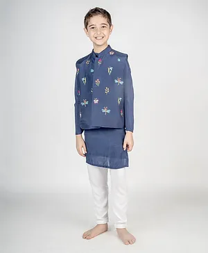 MR.BRAT Full Sleeves Solid Kuta & Pyjama With Dragonfly  & Floral Embroidered  Jacket Set  - Navy Blue