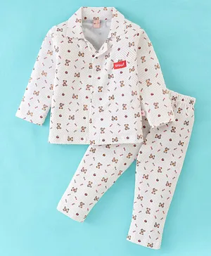 WOW Clothes Cotton Full Sleeves Night Suit With Teddy Print - Beige