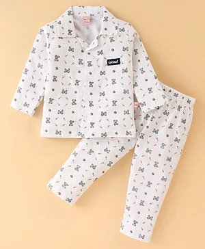WOW Clothes Cotton Full Sleeves Night Suit With Teddy Print - White & Green