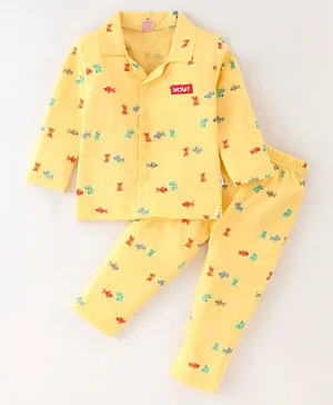 WOW Clothes Cotton Knit Full Sleeves Night Suit Puppy Print - Lemon Yellow