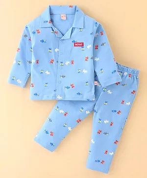 WOW Clothes Cotton Knit Full Sleeves Night Suit Puppy Print - Sky Blue