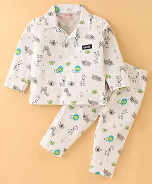 WOW Clothes Cotton Knit Full Sleeves Night Suit Lions Print - White & Sea Green