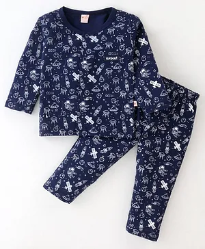 WOW Clothes Cotton Knit Full Sleeves Night Suit Space Ships Print - Navy Blue