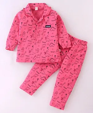 WOW Clothes Cotton Knit Full Sleeves Night Suit With Dino Print - Pink