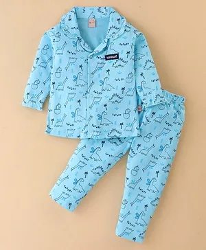 WOW Clothes Cotton Knit Full Sleeves Night Suit With Dino Print - Sky Blue