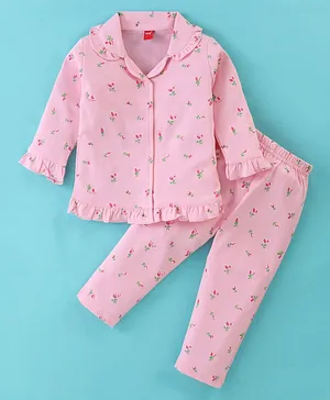 WOW Clothes Cotton Knit Full Sleeves Night Suit With Floral Print - Pink