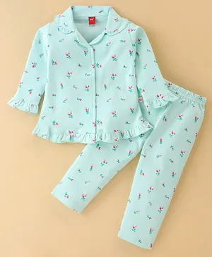 WOW Clothes Cotton Knit Full Sleeves Night Suit With Floral Print - Aqua