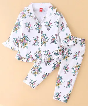 WOW Clothes Cotton Knit Full Sleeves Night Suit With Floral Print - White & Pink