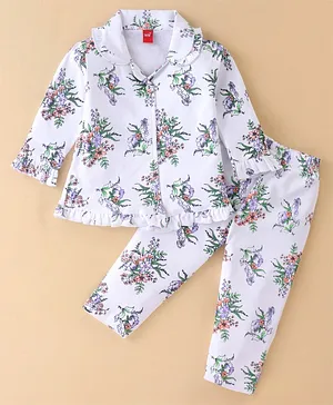 WOW Clothes Cotton Knit Full Sleeves Night Suit With Floral Print - White & Purple