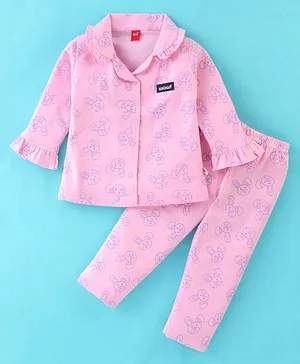 WOW Clothes Cotton Knit Full Sleeves Night Suit With Bunny Print - Pink