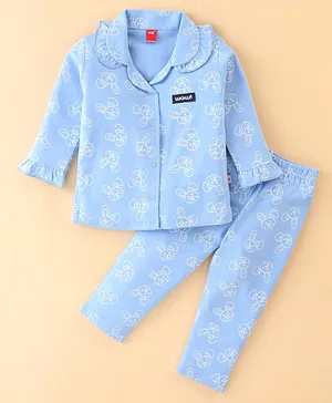 WOW Clothes Cotton Knit Full Sleeves Night Suit With Bunny Print - Light Blue