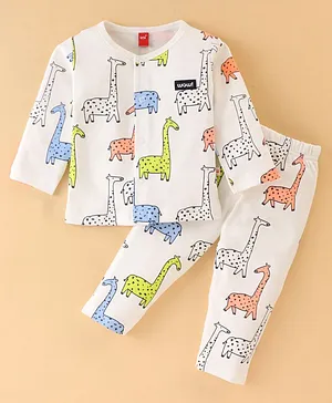 WOW Clothes Cotton Knit Full Sleeves Night Suit Giraffe Print - Off White