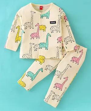 WOW Clothes Cotton Knit Full Sleeves Night Suit Giraffe Print - Beige