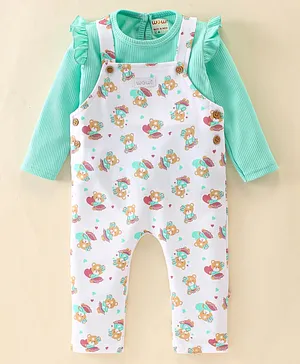 Wow Clothes Full Sleeves Inner Tee With Dungaree Bear Print - Sea Green