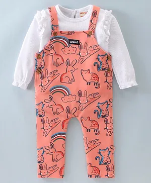 Wow Clothes Full Sleeves Inner Tee With Dungaree Rabbit Print - Peach