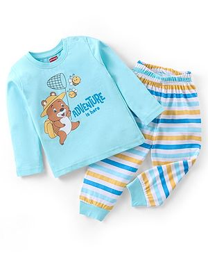 Babyhug Cotton Knit Full Sleeves Bear & Bees Printed Night Suit - Blue