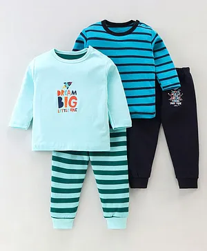 Kidi Wav Pack Of 4 Full Sleeves Striped & Dream Big Placement Text Printed Tees With Pajamas - Blue
