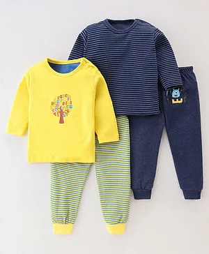 Kidi Wav Pack Of 4 Full Sleeves Striped & Placement Tree Printed Tees With Pajamas - Yellow & Blue