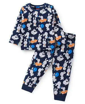 Babyhug Cotton Knit Full Sleeves Bunny Printed Night Suit - Navy Blue