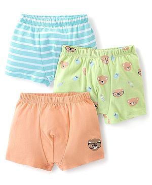 Babyhug 100% Cotton Knit Regular Trunks Teddy Print Pack of 3 - Green Blue & Orange