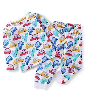 Babyhug Cotton Knit Full Sleeves Cars Printed Night Suit - White