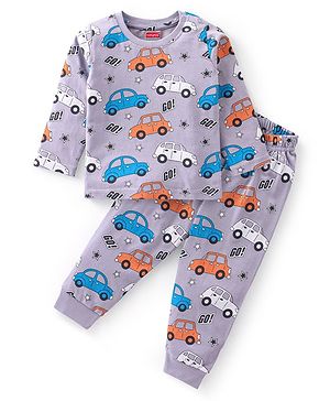 Babyhug Cotton Knit Full Sleeves Night Suit Car Print - Purple