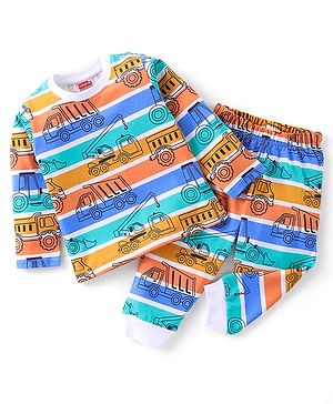 Babyhug Cotton Knit Full Sleeves Striped & Construction Vehicles Printed Night Suit - Multicolour