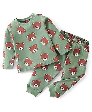 Babyhug Cotton Knit Full Sleeves Teddy Printed Night Suit - Green