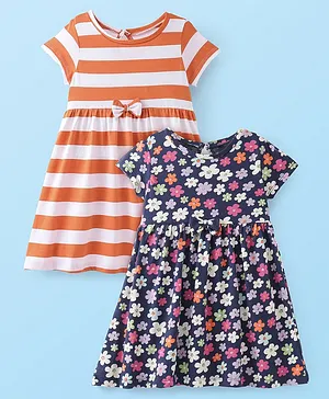 Babyhug Cotton Knit Half Sleeves Frock With Floral & Striped Print Pack Of 2 - Orange & Navy Blue
