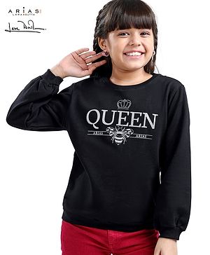 Arias Cotton Brushed Terry Full Sleeves Sweatshirt With Text Print & Heat Stud Applique - Black