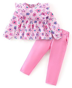 Babyhug 100% Cotton Knit Full Sleeves Top & Legging With Floral Print - Pink