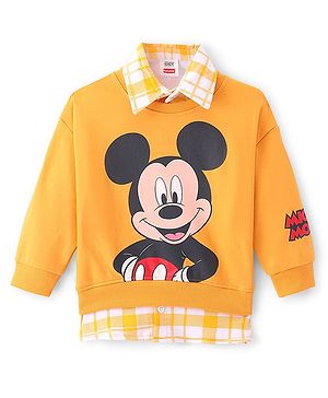 Babyhug 100% Cotton Knit Full Sleeves Overlap Sweatshirt With Mickey Mouse Graphics & Collar Detailing - Yellow