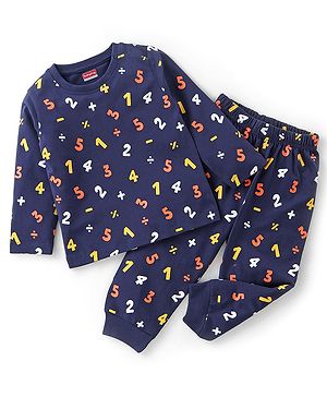 Babyhug Cotton Knit Full Sleeves Night Suit Alphabets Print - Navy