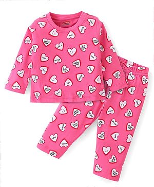 Babyhug Cotton Knit Single Jersey Full Sleeves Night Suit With Heart Print - Pink