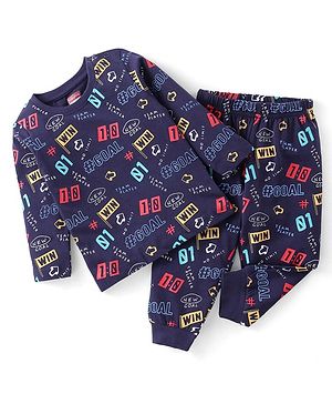 Babyhug Cotton Knit Single Jersey Full Sleeves Night Suit With Text Print - Navy Blue