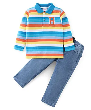 Babyhug Single Jersey Full Sleeves T-Shirt Striped with Denim Jeans - Blue