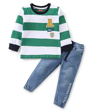 Babyhug Cotton Knit Full Sleeves Striped T-Shirt with Jeans Set - Green & Blue