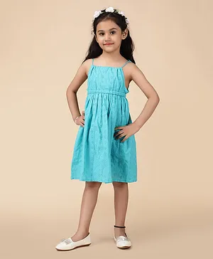KASYA KIDS Sleeveless Floral  Schiffli Design Embroidered Fit & Flare Dress - Blue