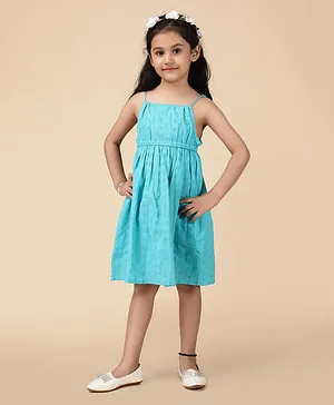 KASYA KIDS Sleeveless Floral  Schiffli Design Embroidered Fit & Flare Dress - Blue