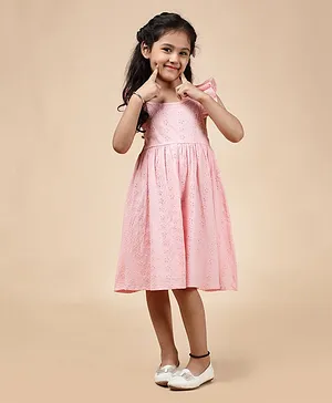 KASYA KIDS  Frill Cap Floral Schiffli Design Embroidered Fit & Flare Dress - Pink