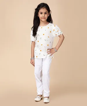KASYA KIDS Half Sleeves Tie Up Flower & Leaf Embroidered Top - White