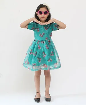 Qvink Half Sleeves Flower Printed Fit &  Flare Dress - Green